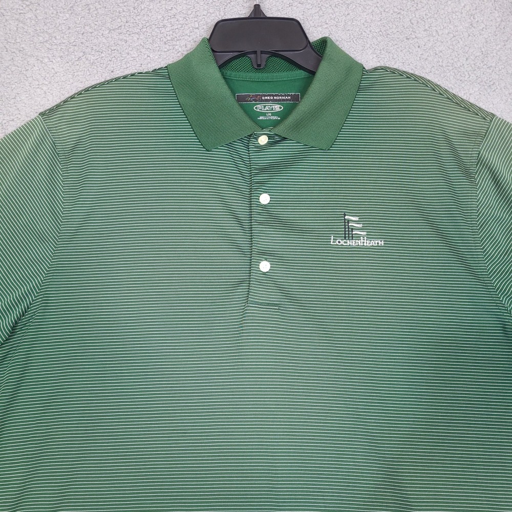 Greg Norman Polo‎ Shirt Mens Large Green Striped Lochen Heath Golf Club Play Dry